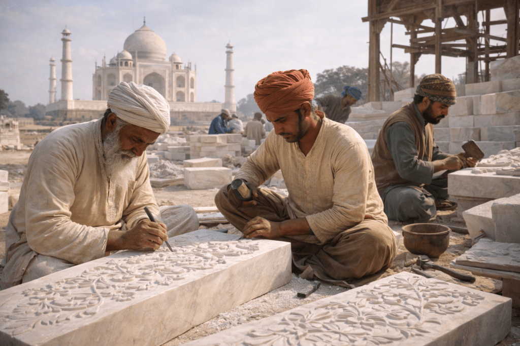 Mughal-era artisans carving marble peacefully at the Taj Mahal site