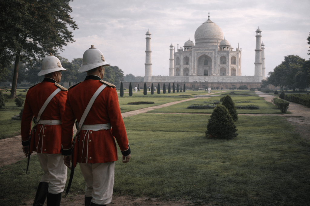 British-era officers walking through the Taj Mahal gardens