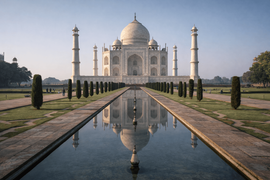 wide shot of the Taj Mahal under clear morning light