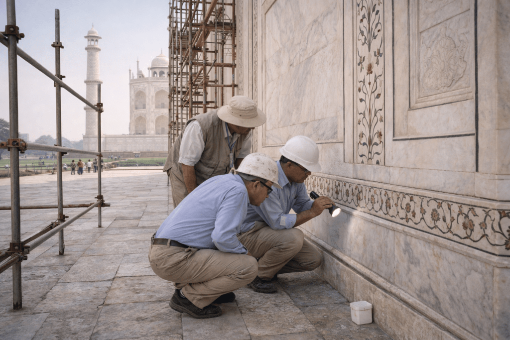 conservation work at the Taj Mahal, experts examining marble surfaces