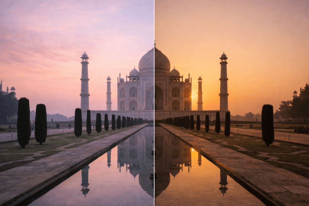 view of the Taj Mahal at sunrise and sunset