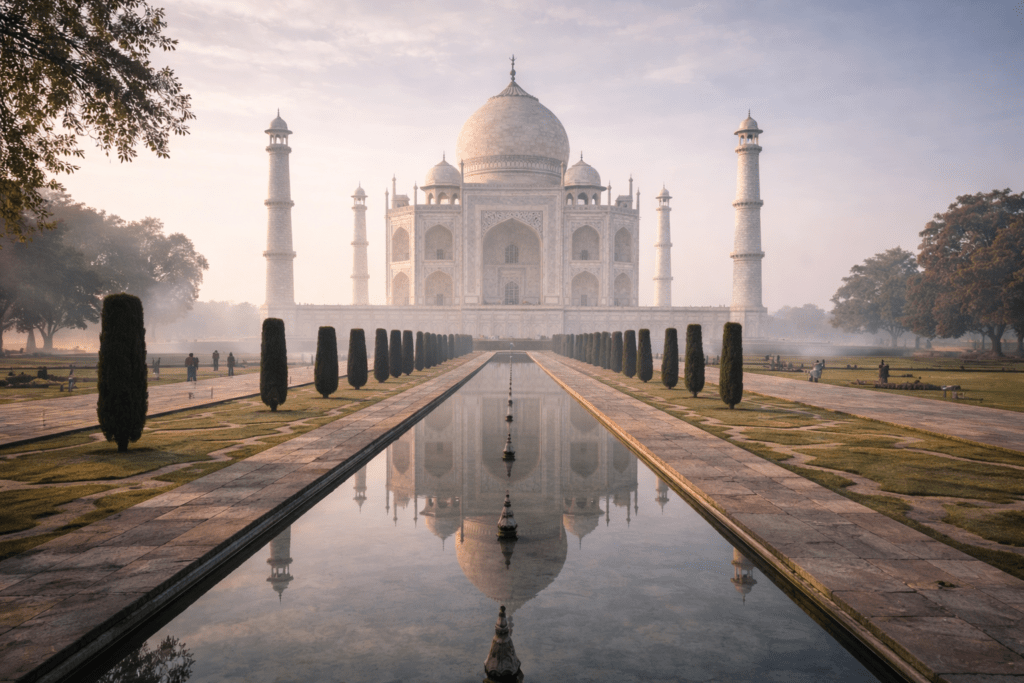 wide view of the Taj Mahal during winter morning