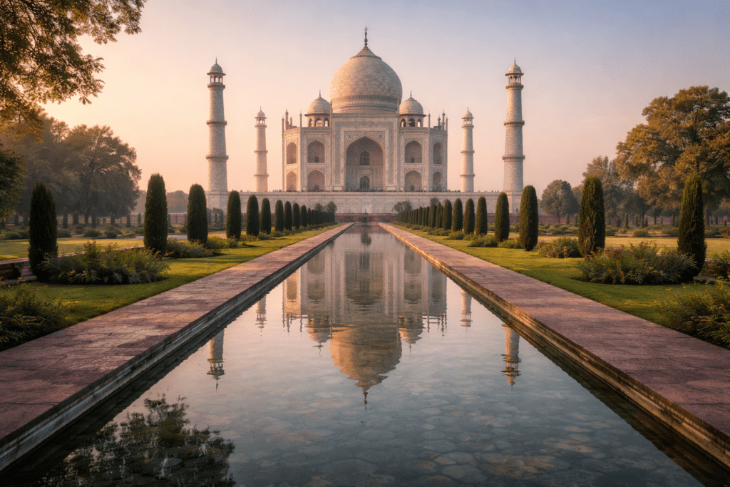 the Taj Mahal complex, clear Charbagh garden layout, straight axis alignment