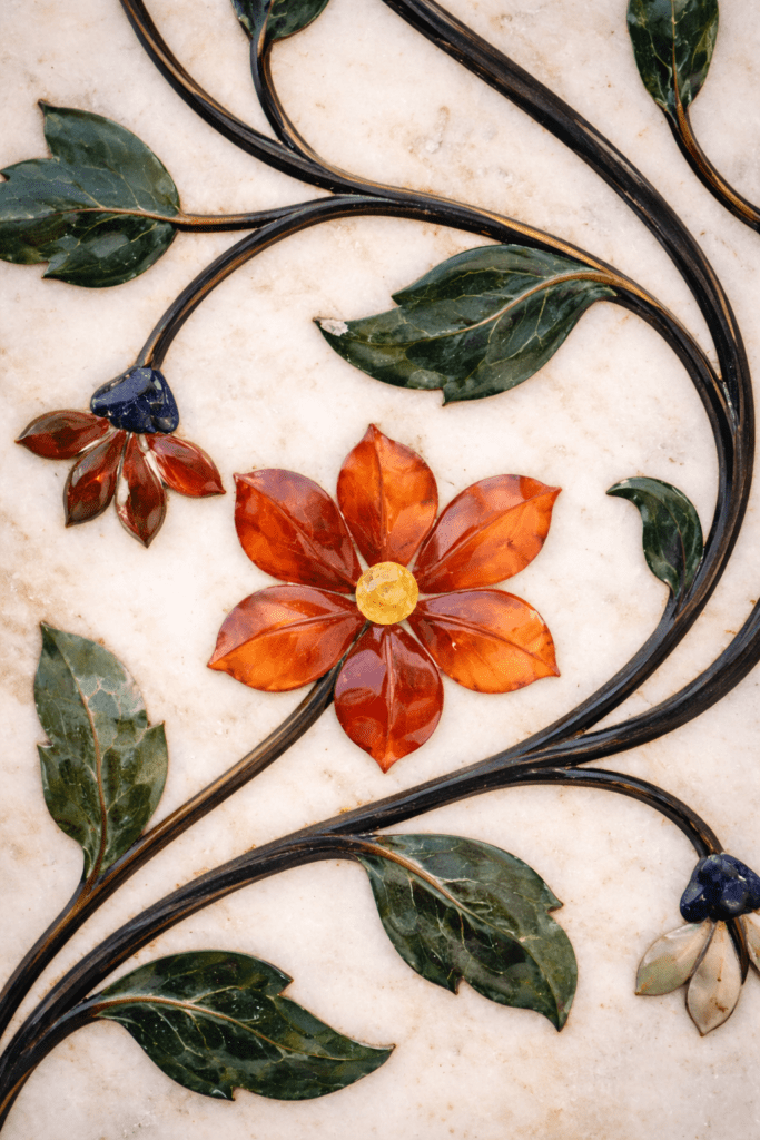 photograph of pietra dura floral inlay on Taj Mahal marble