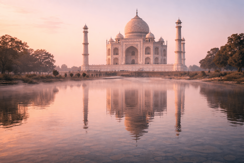 Taj Mahal at sunrise, soft pink tones on marble